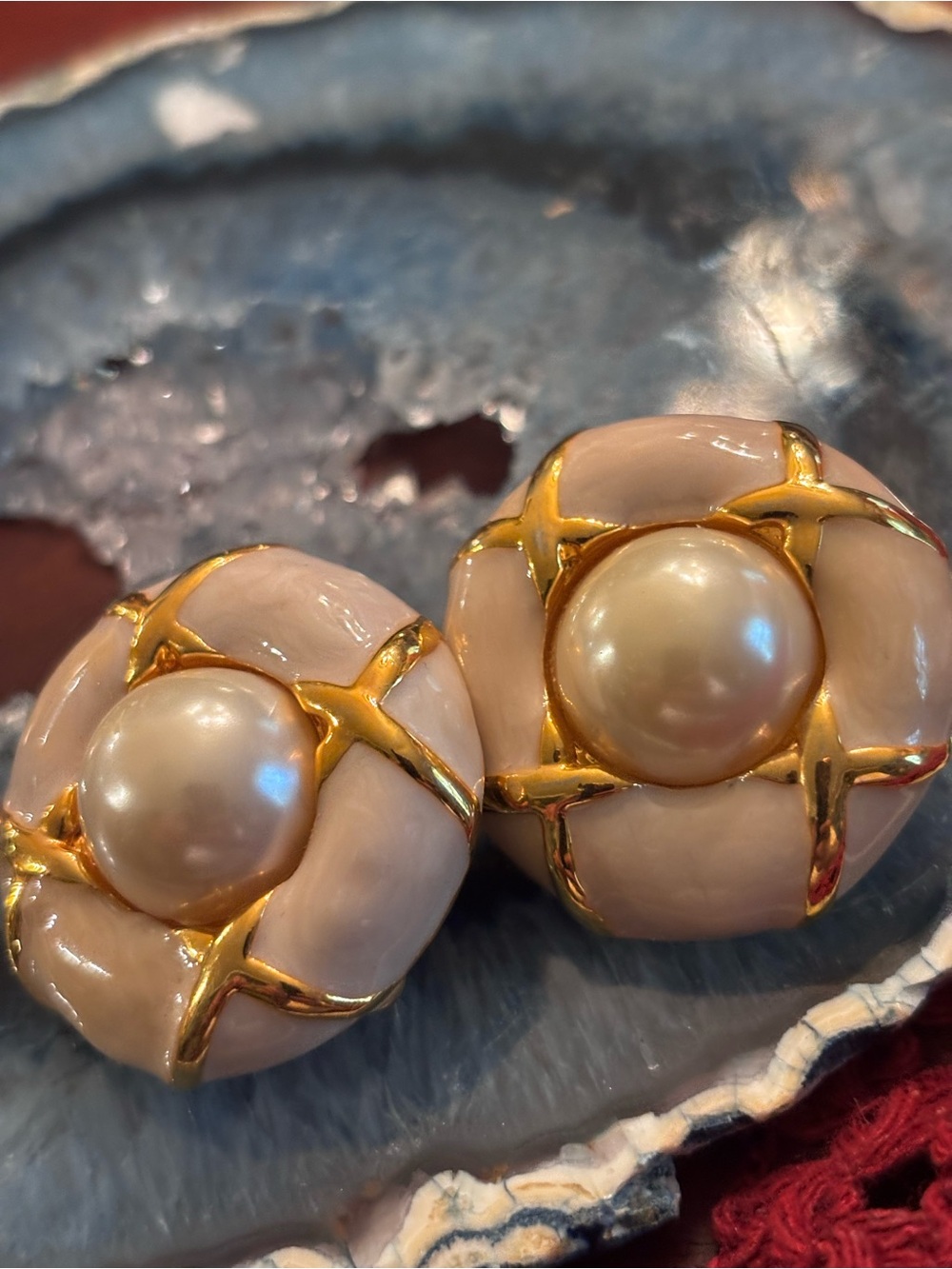 Gold-Tone Pink Pearl Cluster Clip-On Earrings by